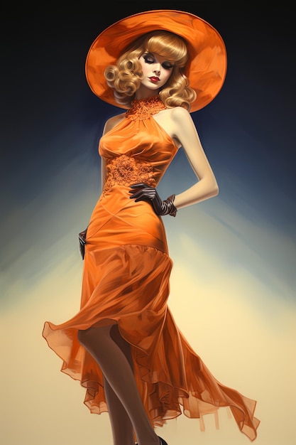 una mujer con un vestido naranja y un sombrero en la cabeza.