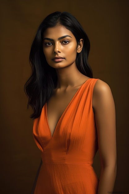 Una mujer con un vestido naranja.