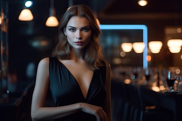 Una mujer con un vestido negro se para en un bar con una luz azul detrás de ella.