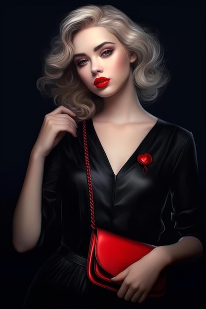 Una mujer con un vestido negro y un bolso rojo.