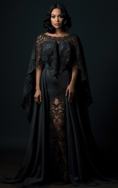 Una mujer con un vestido negro con capa y encaje.