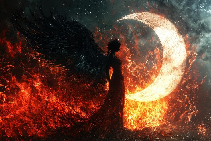 Una mujer con un vestido negro está de pie frente a una gran luna brillante