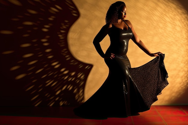 Una mujer con un vestido negro se para frente a una pared con una luz encendida.