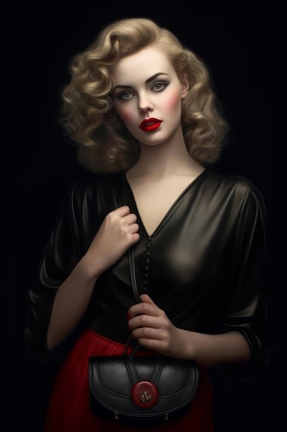 Una mujer con un vestido negro y un lápiz labial rojo en los labios.