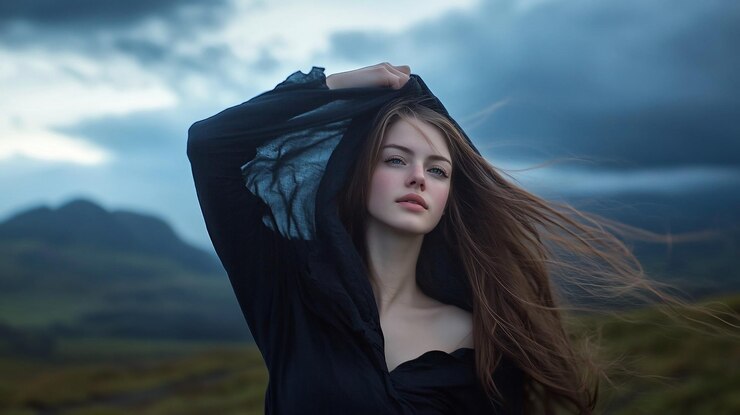 Mujer con vestido negro paisaje ventoso retrato dramático del cielo posible uso para la moda o la naturaleza
