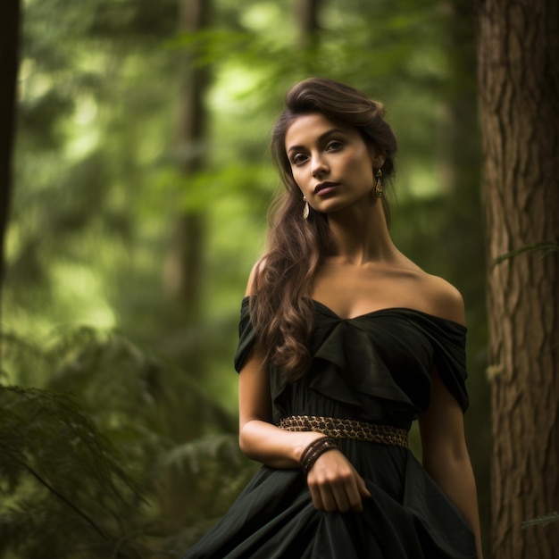 una mujer con un vestido negro posando en el bosque