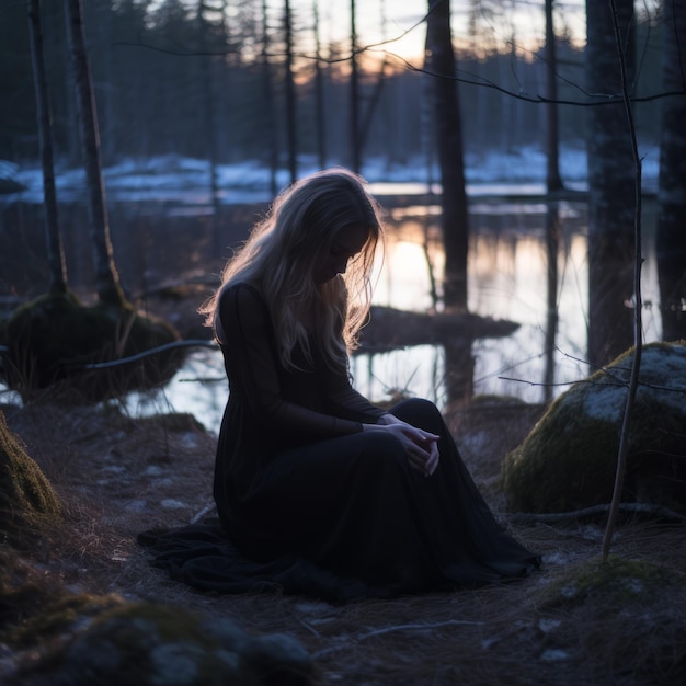 una mujer con un vestido negro sentada en el bosque