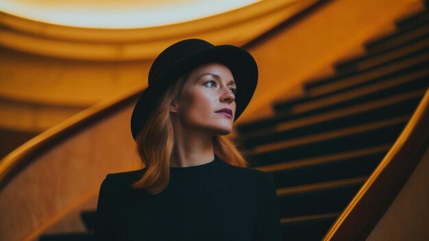 Una mujer con un vestido negro y un sombrero negro