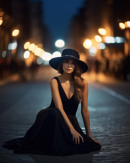 Una mujer con un vestido negro y un sombrero se sienta en la calle creada con ai generativo
