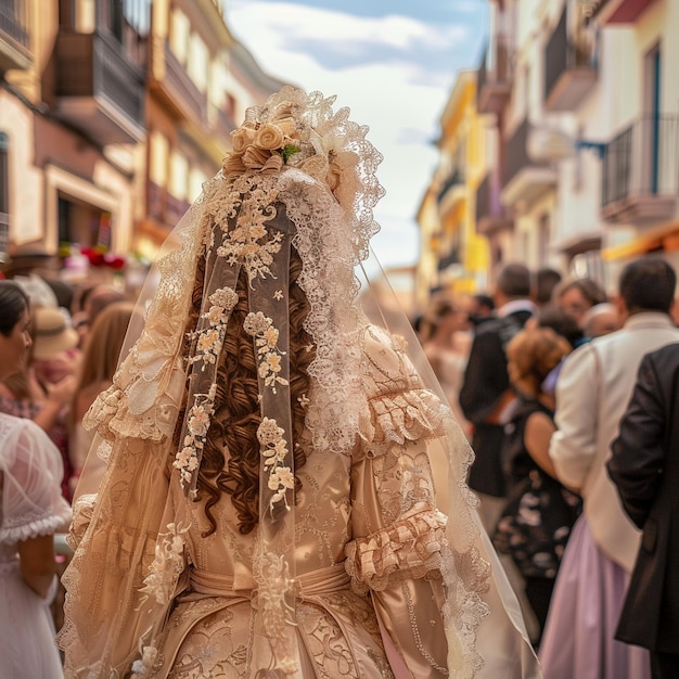 Mujer con vestido de novia caminando por la calle en Valladolid, España