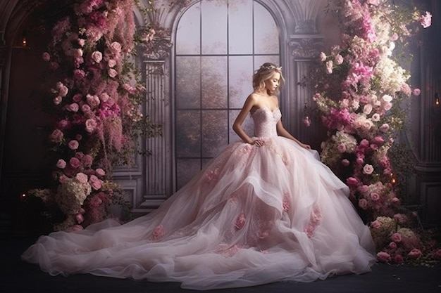 una mujer con un vestido de novia se sienta frente a una ventana con flores al fondo.