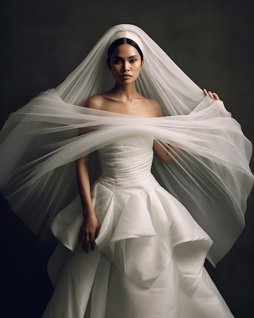 una mujer con un vestido de novia con un velo en la cabeza.