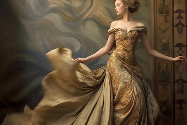 una mujer con un vestido de oro con una faja de oro.
