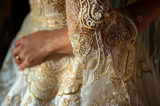 una mujer en un vestido de oro con un patrón floral