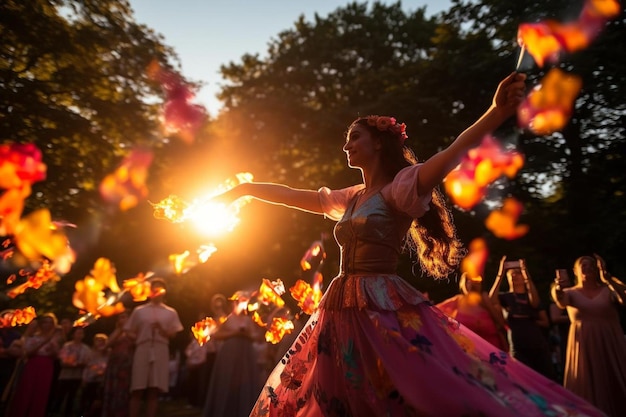 Una mujer con un vestido con las palabras "fuego".