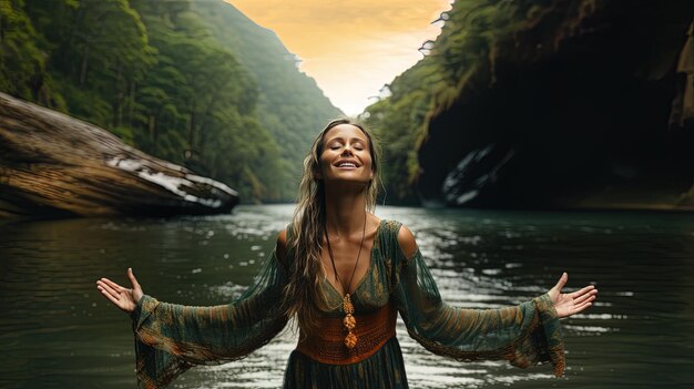 Foto una mujer con un vestido con las palabras en él