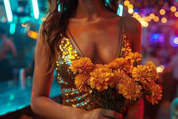 Una mujer con un vestido de pañuelo dorado sosteniendo un ramo de margaritas en un club nocturno