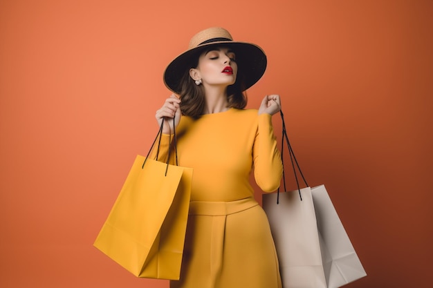 Mujer en vestido con paquetes de compras