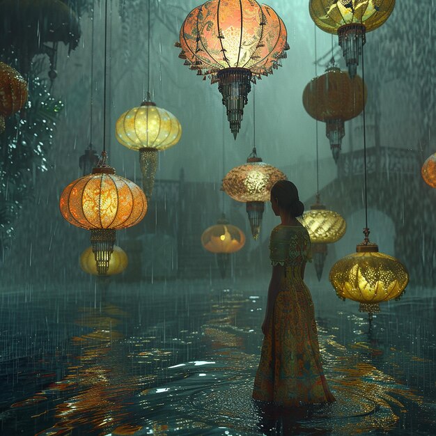 Foto una mujer con un vestido está de pie en el agua con los paraguas en el aire