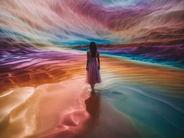 Foto una mujer en un vestido de pie en el agua en la playa con un cielo de color arco iris