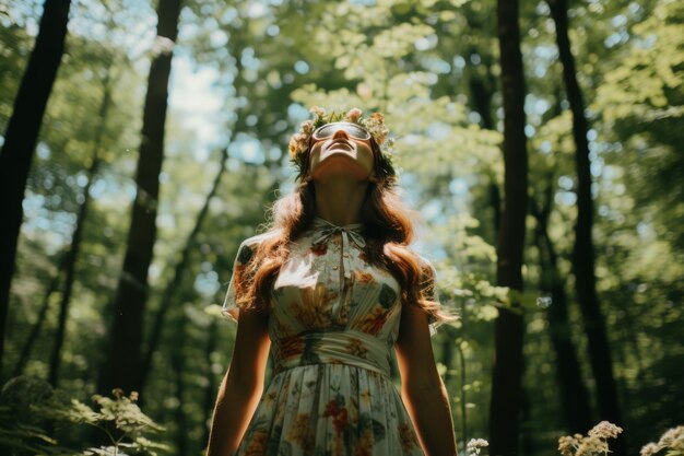 Foto mujer con un vestido de pie en un bosque