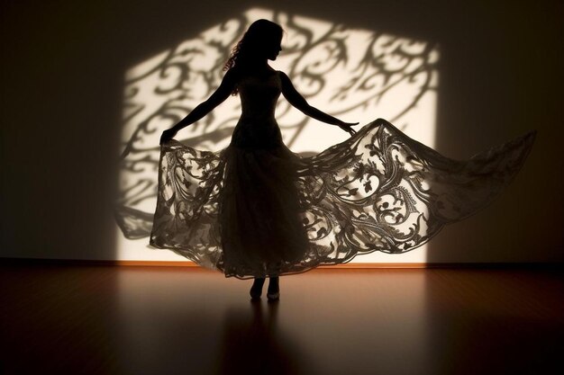 Foto una mujer en un vestido está de pie frente a una pared con la sombra de un árbol