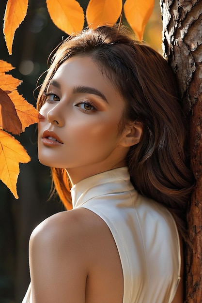 Foto una mujer en un vestido de pie en un parque de otoño