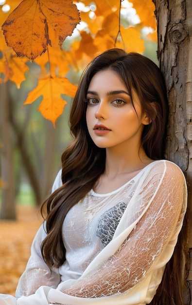 Foto una mujer en un vestido de pie en un parque de otoño