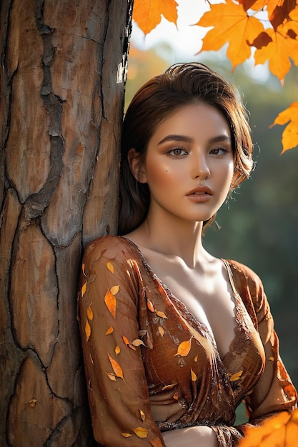 Foto una mujer en un vestido de pie en un parque de otoño