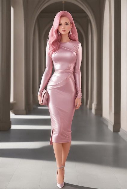 Mujer con un vestido plateado rosa de moda con un vestido largo como un modelo de muñeca barbie