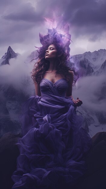 una mujer con un vestido púrpura está de pie en una montaña con montañas en el fondo