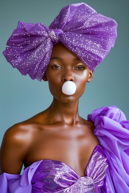 Foto una mujer con un vestido púrpura está soplando burbujas