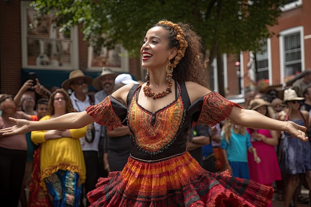 Una mujer con un vestido rojo bailando en un desfile Generativo Ai