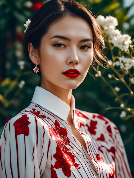 Una mujer con un vestido rojo y blanco con flores en él