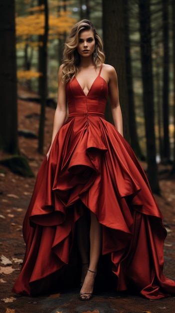 Mujer con vestido rojo en el bosque