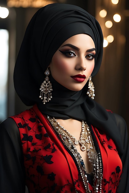 Foto una mujer con un vestido rojo y una bufanda negra