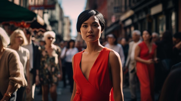 Una mujer con un vestido rojo se para en una calle llena de gente.