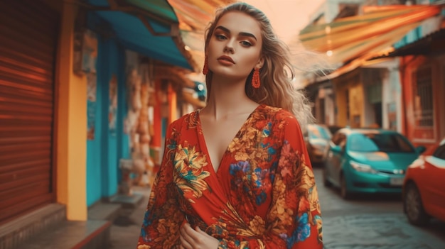 Una mujer con un vestido rojo se para en la calle.