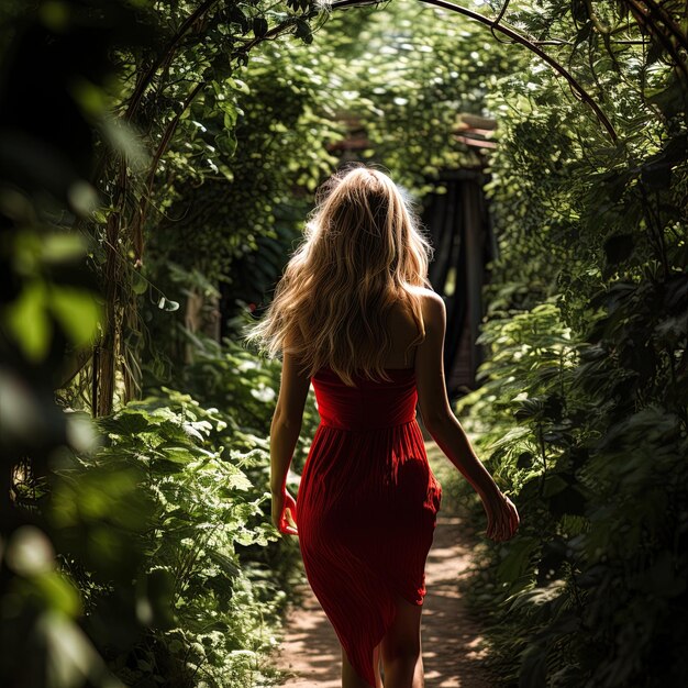 una mujer con un vestido rojo camina por un bosque