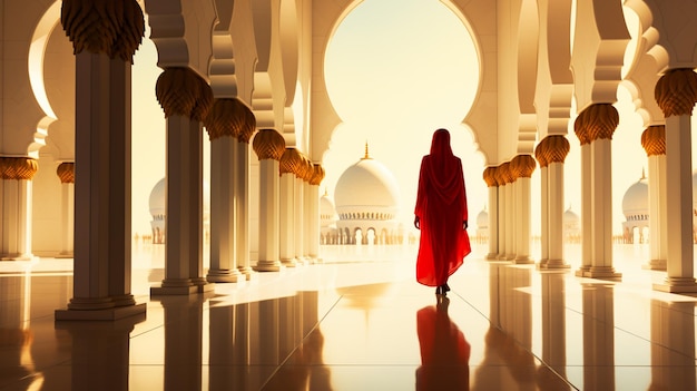 Una mujer con un vestido rojo camina por una mezquita.