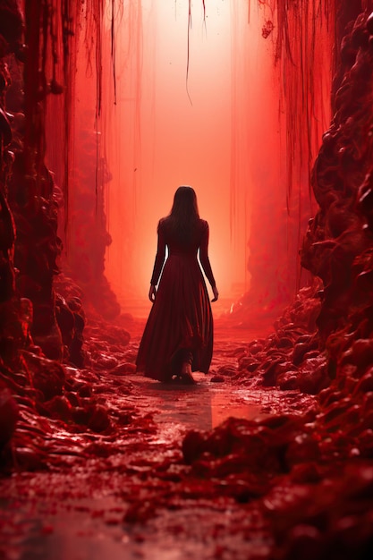 una mujer con un vestido rojo caminando en un túnel rojo