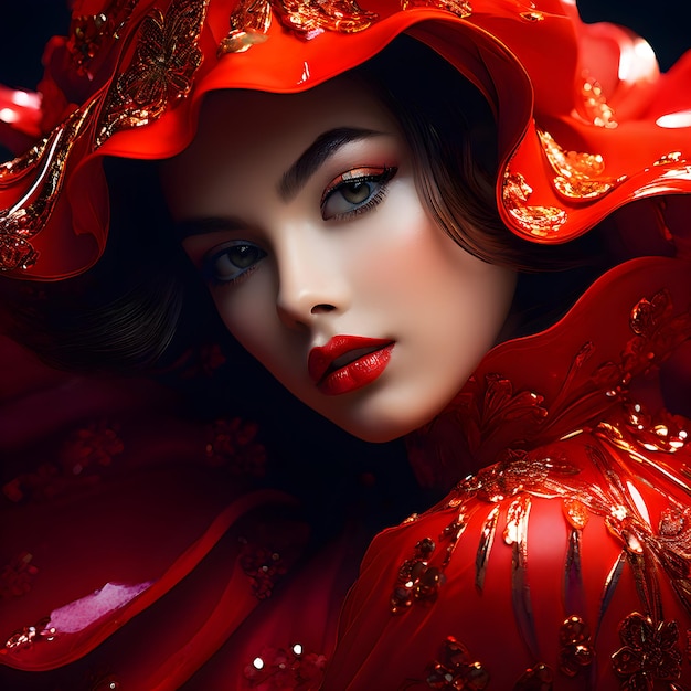 una mujer con un vestido rojo con cuentas de oro en la cabeza y la palabra " ella es "
