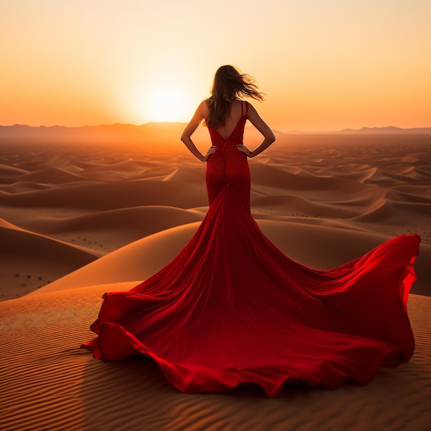 Mujer con vestido rojo en el desierto al atardecer