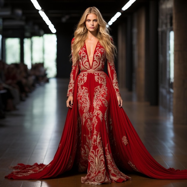 una mujer con un vestido rojo con un diseño rojo y blanco en el frente.