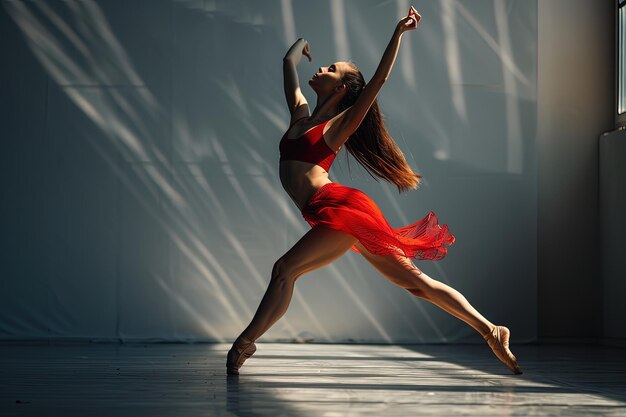 Una mujer con un vestido rojo está bailando.