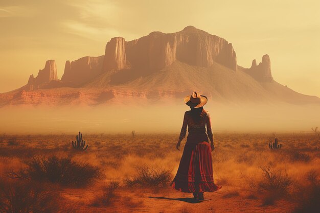 una mujer con un vestido rojo está mirando una montaña