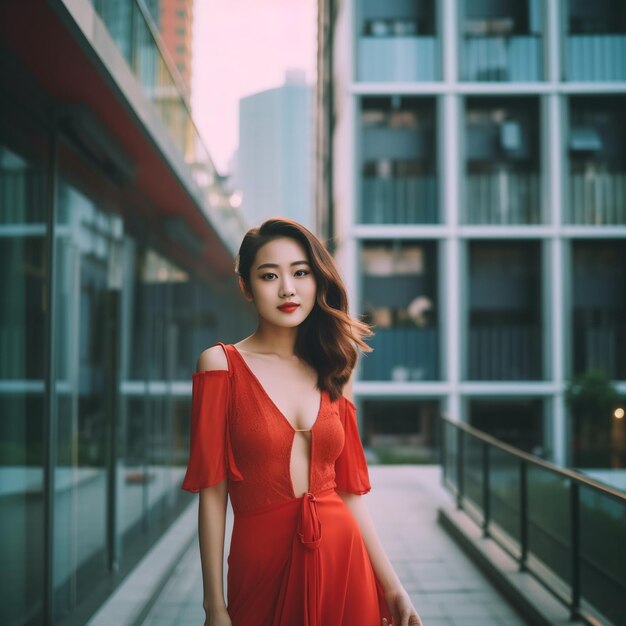 una mujer con un vestido rojo está parada en un balcón.