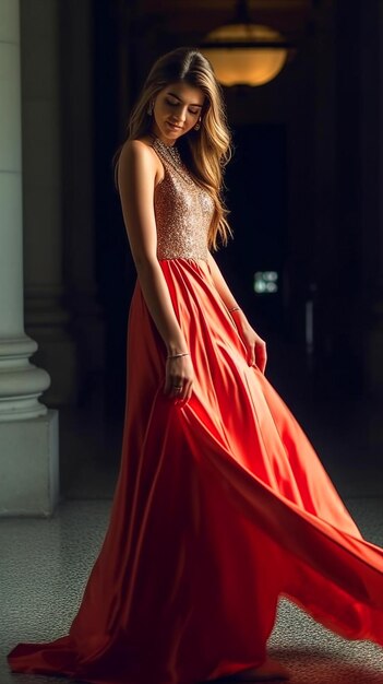 Una mujer con un vestido rojo está parada frente a un pilar.