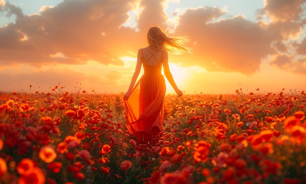 Una mujer con un vestido rojo está de pie en un campo de flores rojas el sol se está poniendo proyectando un caloroso resplandor sobre la escena