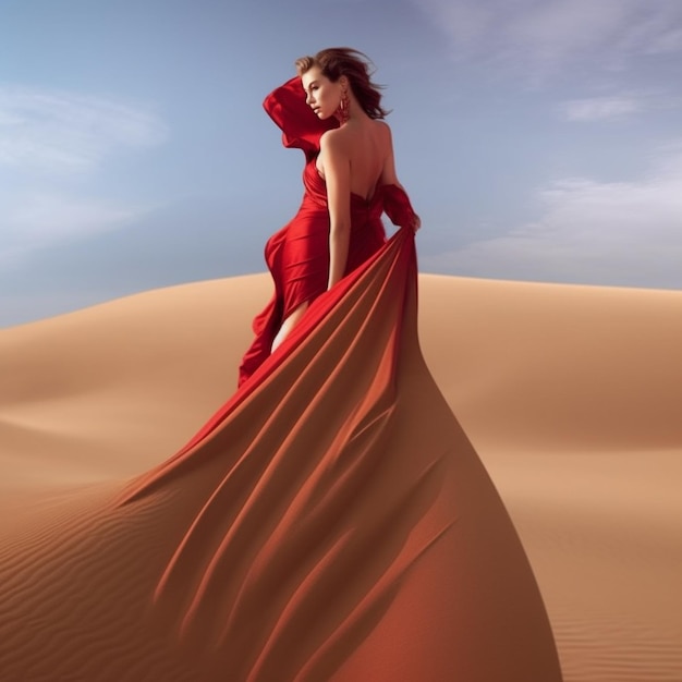 Una mujer con un vestido rojo está de pie en el desierto.